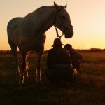 paisanos descansando junto a un caballo en un campo uruguayo