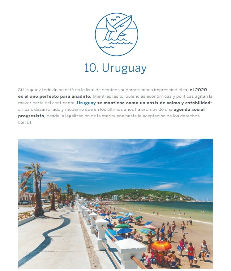Captura de pantalla de un artículo de Lonely Planet donde aparece una imagen de una ballena saliendo del agua sobre la palabra Uruguay, un breve texto descriptivo y una foto de la rambla de Piriápolis